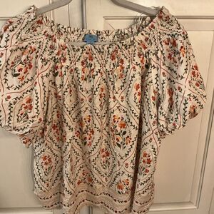 CeCe Peasant Top Blouse with Trellis Vine Print Puff Sleeves Sz L